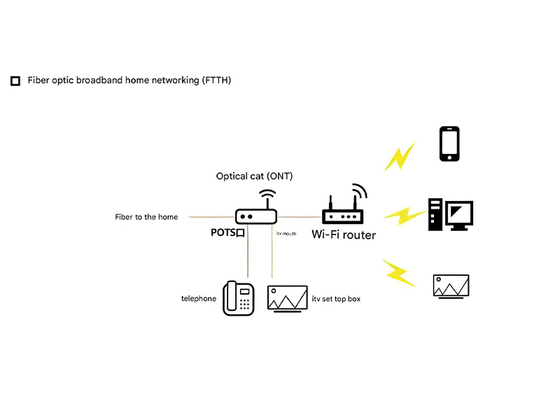 Optical access network architecture showing fiber to the home and business