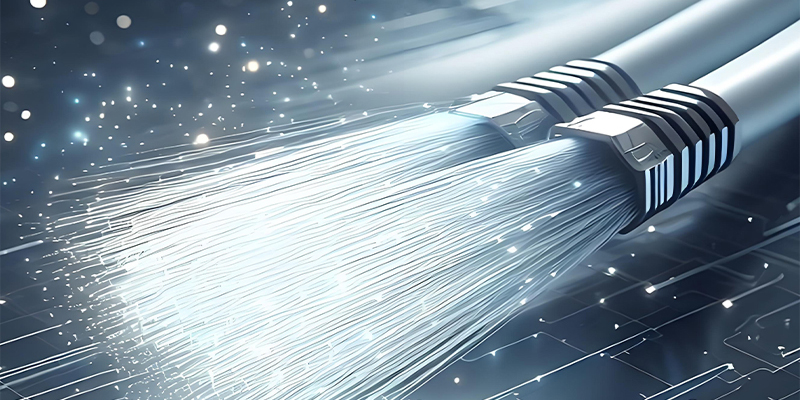 Fiber optic cables connected to network equipment in a data center